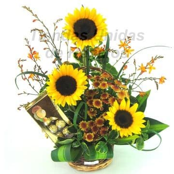 Envio de Regalos Arreglos Florales con Girasoles | Girasoles con Chocolate Ferrero Rocher - Whatsapp: 980660044