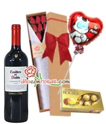 Caja con Rosas, Globo, Bombones y Vino Tinto | Rosas Delivery - Whatsapp: 980660044