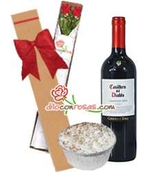 Caja de rosas, vino importado y postre | Rosas Delivery - Cod:LIC10