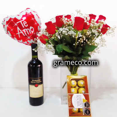 Vino Estancia Mendoza | Rosas Importadas | Ferrero Rocher | Globo Metalico | Regalos Delivery - Cod:LVN08