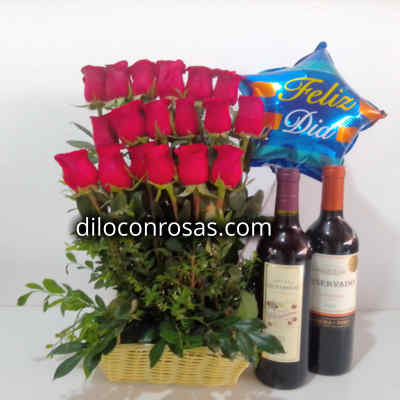 Arreglo de Rosas | Cava de Vinos | Globo Feliz dia | Regalos para Aniversarios - Cod:LVN10