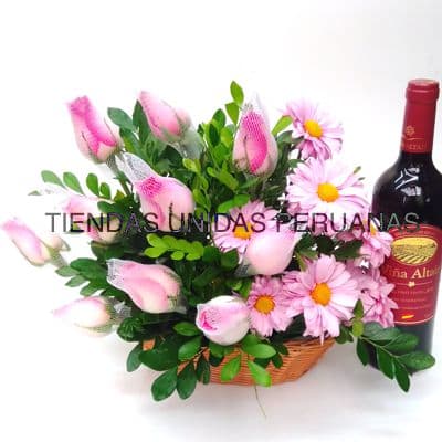 Arreglo Floral y Vino Viña Altair Español 