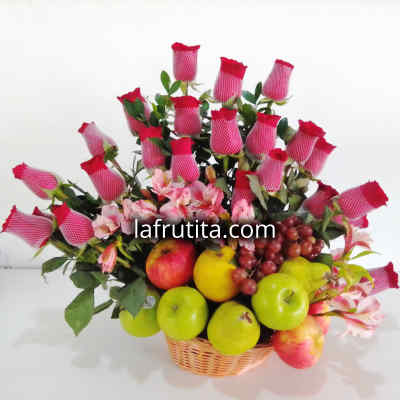 Envio de Regalos Frutero de Frutas de Estacion y Rosas | Arreglos de Frutas con Rosas - Whatsapp: 980660044