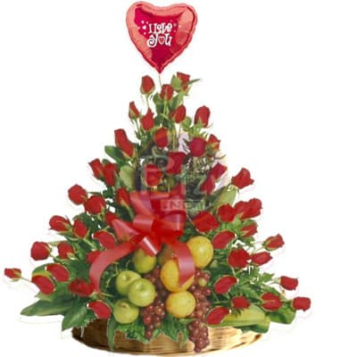 Frutero de Frutas Enteras con Rosas | Arreglos de Frutas con Rosas - Cod:QFA06
