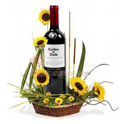 Arreglo floral con Girasoles y Vino Delivery - Cod:XGR13